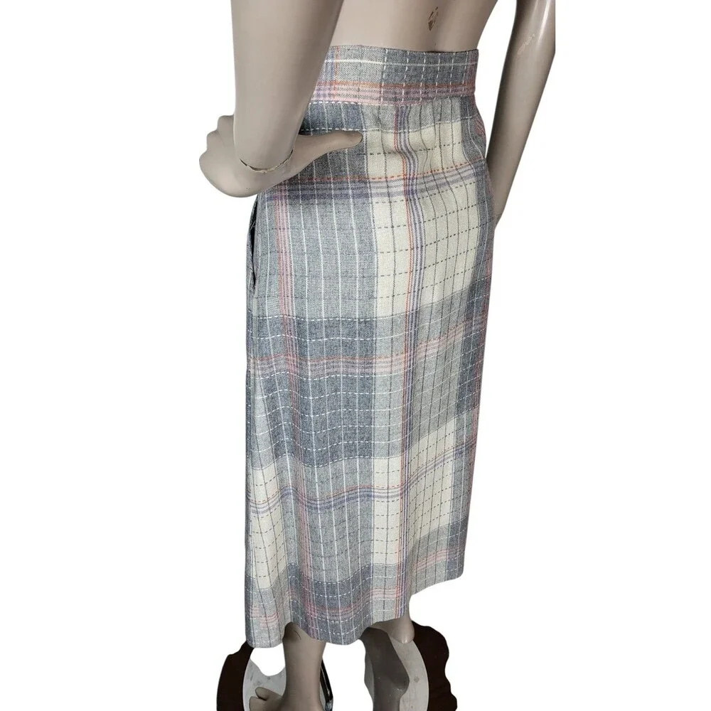 VTG 70s Wool Blend Grey Pink Plaid Tweed Midi Secretary Academia Librarian Skirt